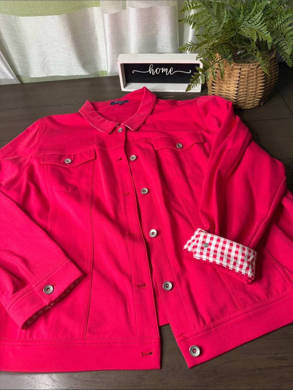 Bright Pink Button-Front Jacket with Gingham Lining